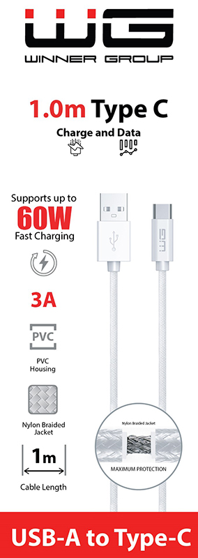 WG Datový kabel USB-A / USB-C, 3 A, bílý, 100 cm